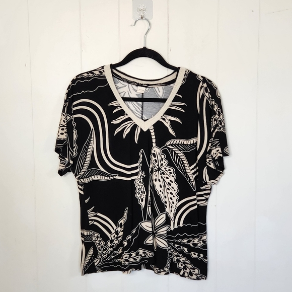 Marfinno Black Floral Leaf Print Knit Top Quiet Luxury Tropical Capsule Office - Picture 4 of 9